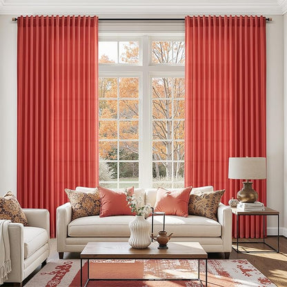 Christmas Red Linen Curtains 63 Inch Length for Living Room Light Filtering Semi Sheer Curtain Back Tab and Rod Pocket Vintage Rustic Luxury Home Decor Neutral Drapes for Bedroom 52x63, 2 Panels