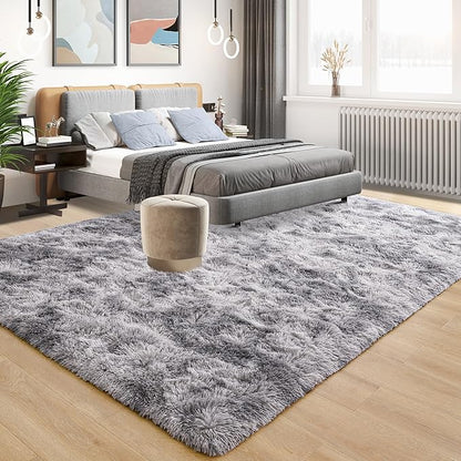 Tepook Fluffy Large Rugs for Living Room, Area Rug 6x9 Soft Carpet for Bedroom, Modern Shaggy Rug for Kids Boys Girls, Plush Indoor Nursery Home Decor Rug with Non-Slip Bottom, Tie-dye Light Grey