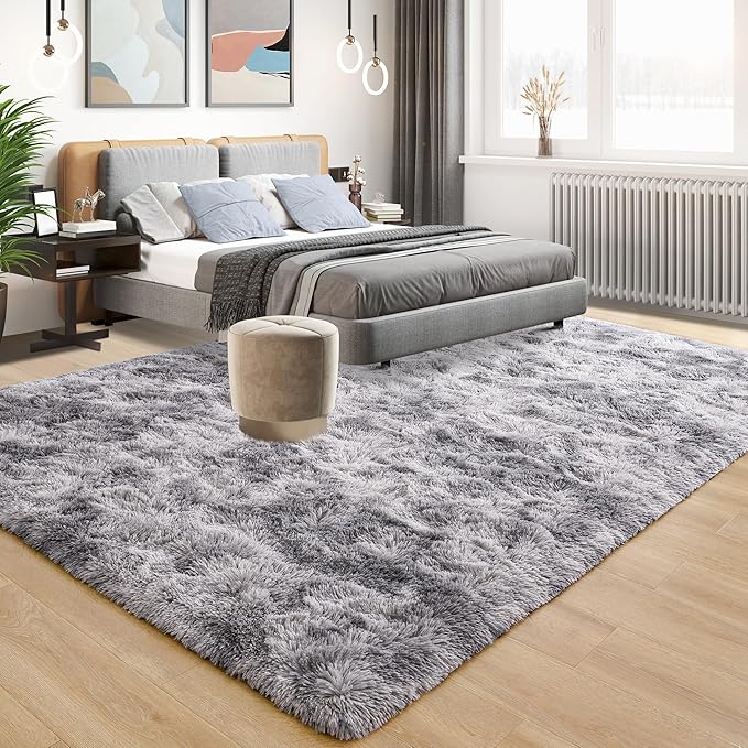 Tepook Area Rugs 9x12 for Living Room, Super Soft Fluffy Rugs for Bedroom, Modern Shaggy Rug Fuzzy Carpets for Kids, Plush Indoor Nursery Home Decor Rug with Non-Slip Bottom, Tie-Dyed Light Grey