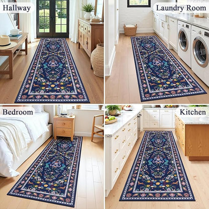 HEBE Washable Hallway Runner Rug 2'x 8' Non Slip Kitchen Rugs Runner,Low Pile Entryway Rug Laundry Room Mat Floral Carpet Runners for Hallways, Kitchen,Bathroom,Laundry,Bedside Rug