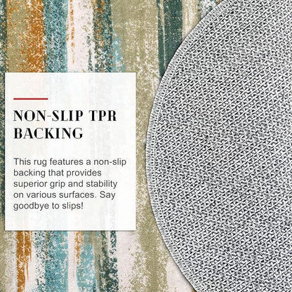 Lansny Modern Abstract Round Rug 6Ft, Green Mustard Multi Washable Non-Slip Circle Rug, Soft Circular Dining Room Rug Thin Print Faux Wool Carpet for Bedroom Living Room Office Playroom