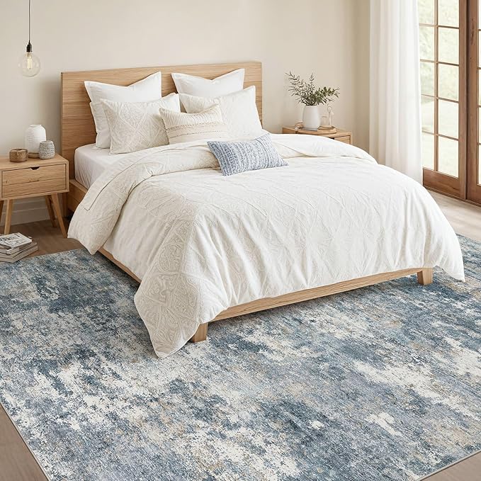 Nakagishi 10x14 Area Rugs Living Room: Washable Abstract Large Neutral Soft Rug Stain Resistant Modern Indoor Floor Non-Slip Carpet for Bedroom Nursery Kids Playroom Office Dining Room Dorm-Blue Brown