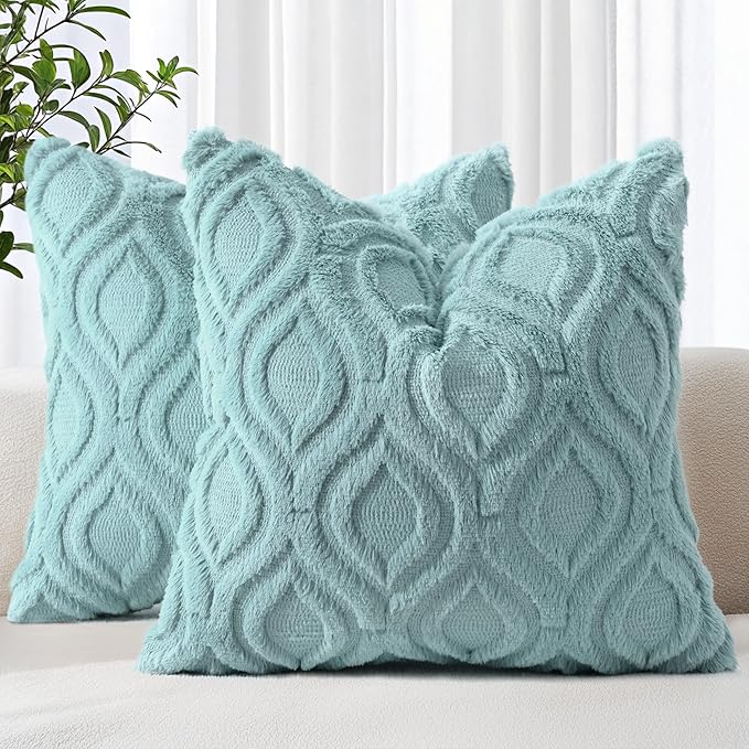 decorUhome Summer Throw Pillow Covers 18x18 Inch Set of 2, Soft Plush Faux Wool Aqua Solid Couch Pillow Covers, Accent Farmhouse Neutral Square Pillow Cases for Sofa Bed Living Room