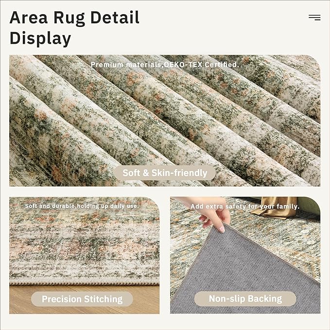 6x9 Area Rug for Living Room Washable 6x9 Non-Slip Modern Rugs for Bedroom Dinning Room Ultra-Thin Indoor Green Orange