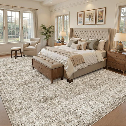 9x12 Area Rugs for Living Room, Non Slip Machine Washable Vintage Rugs, Low Pile Lightweight Large Rug for Bedroom, Dining Room, Home Office Brown
