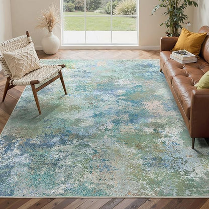 Area Rugs 8x10 for Living Room Bedroom, Modern Abstract Machine Washable Rug, Large Soft Low Pile Floor Carpet with Non Slip Backing for Dining Room, Blue Green