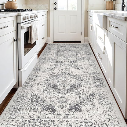 4x8 Washable Hallway Runner Rug - Wide Kitchen Runners Vintage Low Pile Carpet Soft Thin Floor Runner with Rubber Backing for Entryway Bedroom Living Room Home Decor (Distessed Grey)