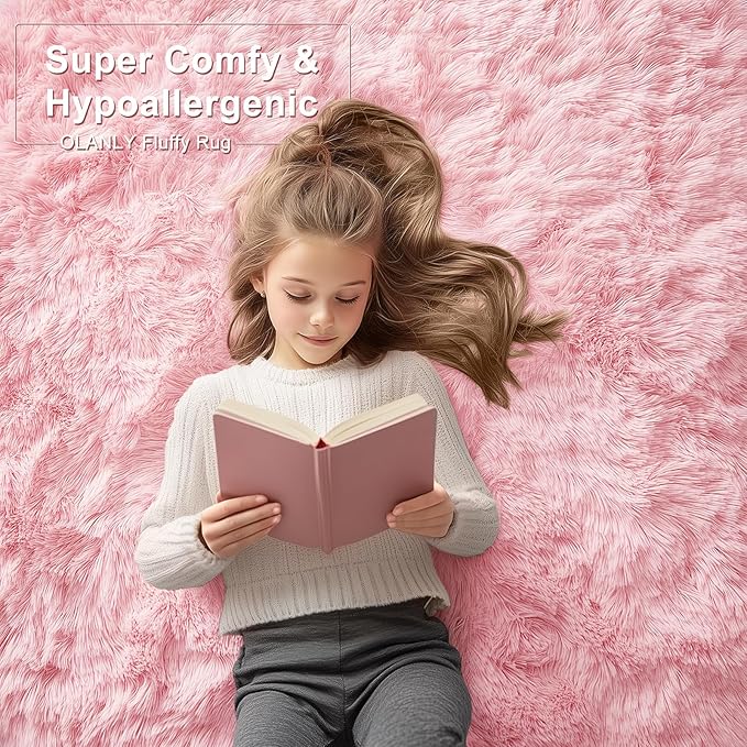 OLANLY 2x5 Machine Washable Runner Rugs for Hallway, Soft Fluffy Shaggy Bedside Rugs for Bedroom, Living Room, Indoor Floor Carpet for Kids Girls and Boys, Nursery Rooms, Home Decor Aesthetic, Pink