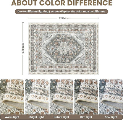 zesthome 6x9 Area Rug, Super Soft Washable Rugs for Living Room, Non-Slip Stain Resistant Vintage Rugs, Ultra-Thin Large Area Rugs (Grey/Orange,6'x9')