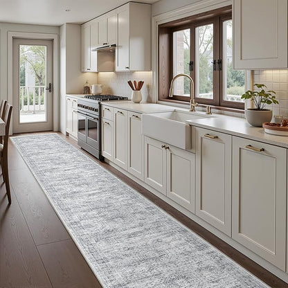 Washable Runner Rug 2.5x16, Non-Slip Long Hallway Runner for Entryway, Soft Vintage Kitchen Mats for Floor, Abstract Dining Room, Bedroom, Living Room Rugs(2.5'x16', Grey/Ivory)