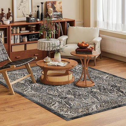Washable Area Rug 4' x 6' Vintage Traditional Persian Mat - Foldable Distressed Non-Slip Machine Washable Carpet for Living Room Bedroom Kitchen Home Decor - Ebony and Taupe