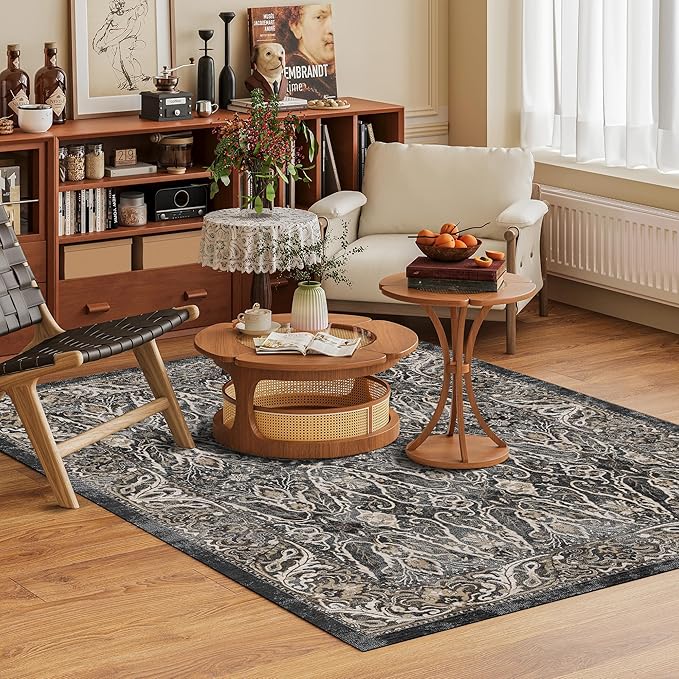 Washable Area Rug 8' x 10' Vintage Traditional Persian Mat - Foldable Distressed Non-Slip Machine Washable Carpet for Living Room Bedroom Kitchen Home Decor - Ebony and Taupe
