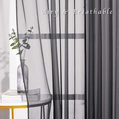 NICETOWN 96" Long Sheer Curtains - Nickel Grommet Top Lighter Weight Airy Window Voile Panel Decorations for Living Room (W54 Inches, Black, 1 Pair)