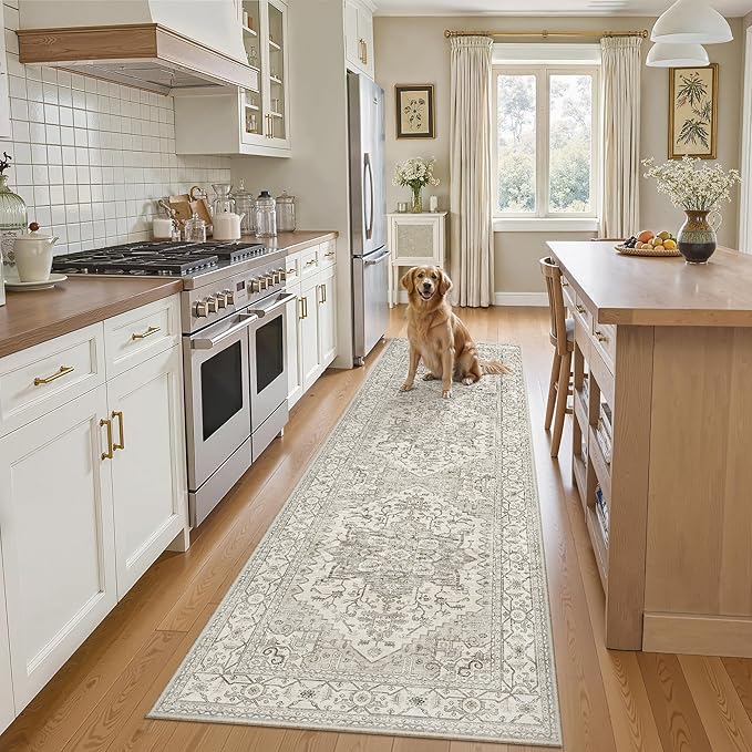 Madane Kitchen Runner Rug - 2x7 Runner Rugs with Rubber Backing Non Slip Vintage Washable Rug Runner Ultra-Thin Throw Carpet Runners for Hallways Bedroom Laundry Room (2'x7', Beige/Brown)
