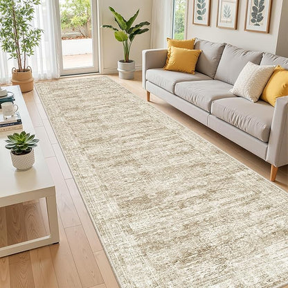 Kitchen Runner Rugs Non Skid Washable - 2.5 x 10 Runner Rug with Anti Slip Backing, Ultra-Thin Soft Rug Runner for Hallway, Bedroom, Living Room (2.5'x10', Brown/Ivory)