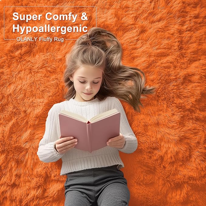 OLANLY 3x5 Machine Washable Small Bedside Rug, Soft Fluffy Shaggy Rugs for Living Room, Bedroom, Indoor Floor Carpet for Kids Girls and Boys, Preppy Dorms, Nursery, Home Decor Aesthetic, Orange