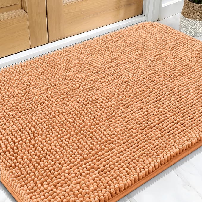 OLANLY Dog Door Mat for Muddy Paws 32x20, Absorbs Moisture and Dirt, Absorbent Non-Slip Washable Doormat, Quick Dry Chenille Mud Mat for Dogs, Entry Indoor Entryway Carpet for Inside Floor, Orange