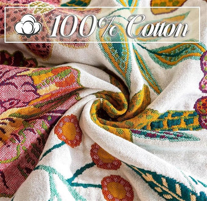 MSGKV Spring Throw Blanket for Couch, 100% Cotton Muslin Breathable Woven Bed Throws 60''x80'' Boho Vintage Quilt for All Seasons Lightweight Farmhouse Blankets Home Decoration