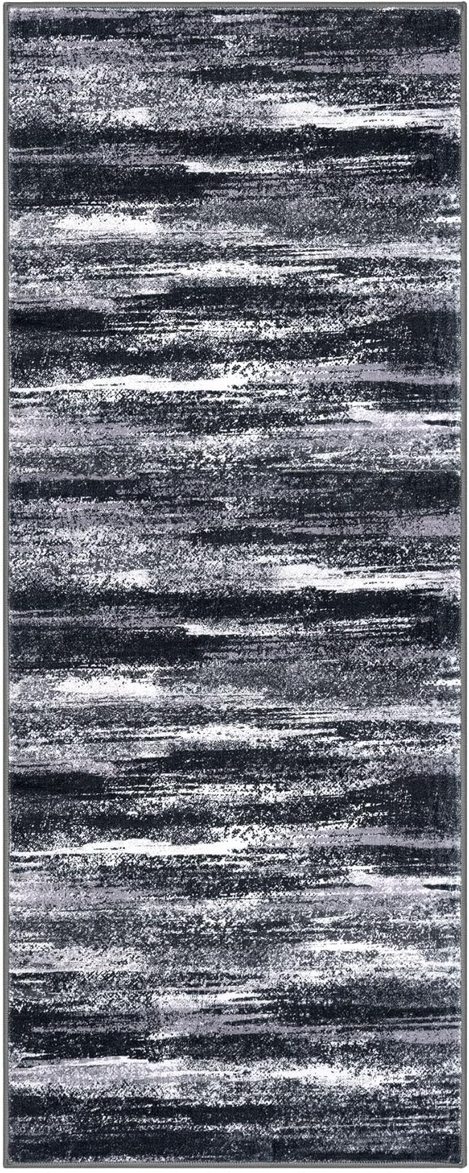 Lansny Modern Abstract Runner Rug 2x5, Black Grey Washable Kitchen Runner Entryway Rug Mat Non-Slip Soft Hallway Rug Runner Thin Print Faux Wool Carpet for Bedroom Laundry Room Indoor