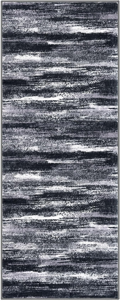 Lansny Modern Abstract Runner Rug 2x5, Black Grey Washable Kitchen Runner Entryway Rug Mat Non-Slip Soft Hallway Rug Runner Thin Print Faux Wool Carpet for Bedroom Laundry Room Indoor
