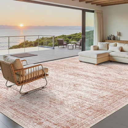 Soalmost 9x12 Area Rugs for Living Room, Non Slip Machine Washable Vintage Rugs, Low Pile Lightweight Large Rug for Bedroom, Dining Room, Home Office Pink