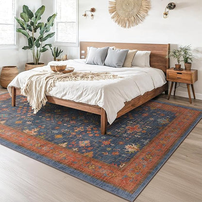 Boho Navy Blue 10x14 Area Rug for Living Room, Extra Large Dining Room Rugs for Under Table, Soft Low Pile Carpet for Bedroom - Vintage Floral Rug, Non-Slip & Stain Resistance (10x14 Navy Blue)