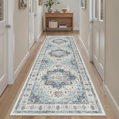 Madane Runner Rug 2'6''x8' Kitchen Runner, Hallway Runner Vintage Washable Rugs Soft Non-Slip Low Pile 2.5x8 ft Runners for Hallways Laundry Room Distressed Rug, Blue