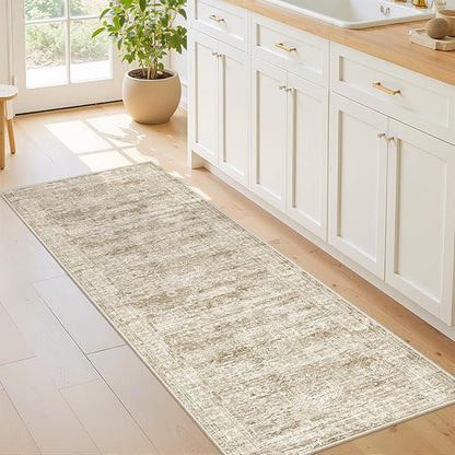 Washable Runner Rugs for Bedroom - 2x6 Runner Rug Non Slip, Ultra-Thin Entryway Runner, Soft Abstract Kitchen Runner for Hallway, Laundry, Bathroom, Indoor Door Mat(2'x6', Brown/Ivory)