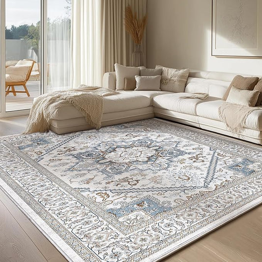OPPODREAM Soft Neutral Area Rugs 5x7, 5x7 Washable Rug with Non Slip Backing, 5 x 7 Faux Cashmere Low-Pile Carpet, Cream White & Blue & Light Brown