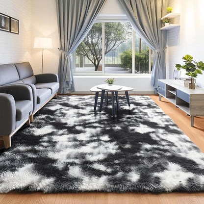 ONASAR Black and White Rugs for Bedroom Living Room, Fluffy 4x6 Indoor Bedside Floor Throw Area Rug, Soft Plush Shaggy Carpet for Nursery Kids Girls Boys Teen Dorm Home Decor Aesthetic