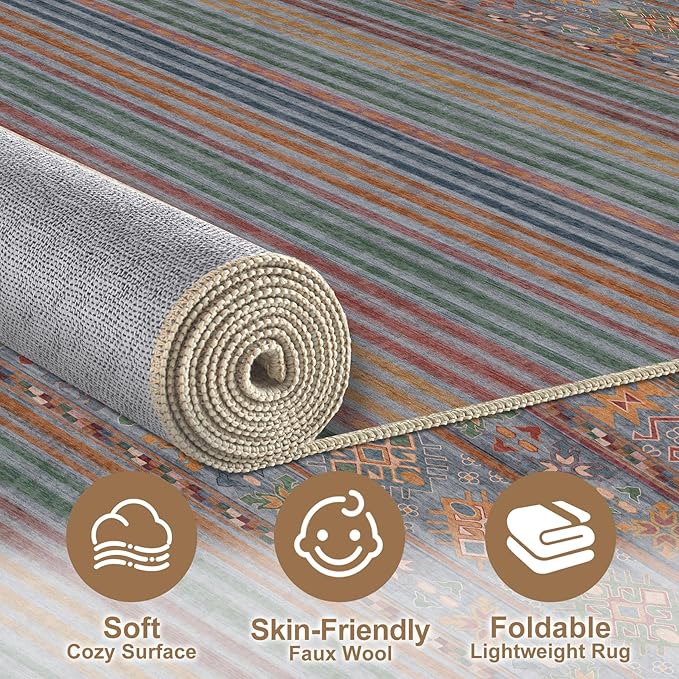 Nakagishi 5X7 Area Rugs Living Room: Washable Large Vintage Rug Neutral Non-Slip Soft Stain Resistant Indoor Carpet for Bedroom Nursery Dining Room Office Playroom - Multi Color