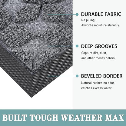 Bulijojo Sturdy Front Entrance Doormats,Durable Heavy Duty Welcome Mat,Thick Absorbent Natural Rubber Non Slip Mat,Easy Clean Entryway Mat Geometric Grey 23"x35"