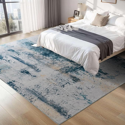 Ompaa Living Room Rug 5x8 Aqua Blue Area Rug Machine Washable Boho Rug Non Slip Abstract Vintage Indoor Large Rugs for Bedroom, Classroom, College Dorm, Farmhouse, Dining Room, Kids Playroom