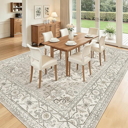Madane Washable Rug 8x10 Area Rugs for Living Room, Ultra-Thin Non-Slip Backing Rug, Stain Resistant Vintage Large Area Rug for Bedroom (Beige/Brown, 8'x10')