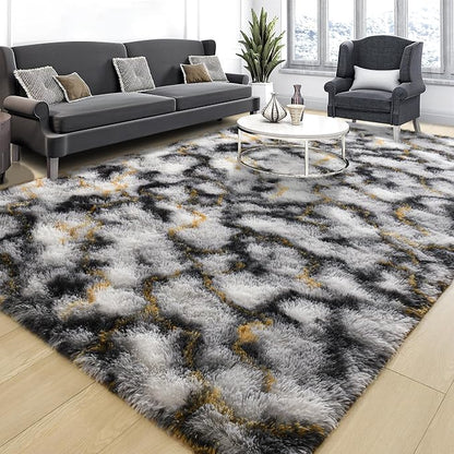 Tepook Fluffy Large Rugs for Living Room, Area Rug 6x9 Soft Carpet for Bedroom, Modern Shaggy Rug for Kids Boys Girls, Plush Indoor Nursery Home Decor Rug with Non-Slip Bottom, White Black Gold
