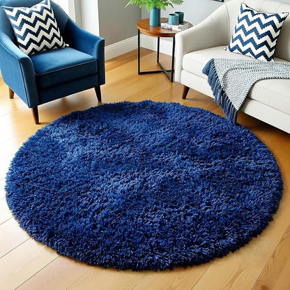 Amdrebio Navy Blue Round Rug 4Ft for Boys Room Bedroom, Circle Area Rugs for Kids Room, Living Room Decor Aesthetic, Fluffy Shag Fur Throw Royal Dark Blue Carpet for Preppy Dorm Playroom Baby Nursery