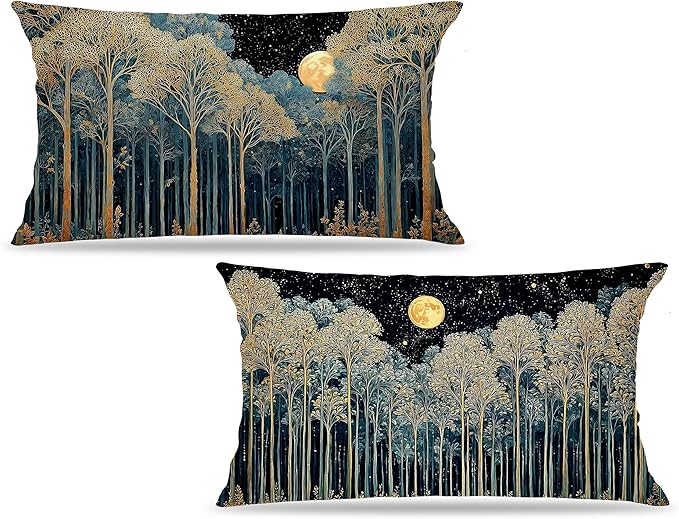 Rustic William Morris Night Forest Green Moon Decor Pillow Covers 12x20 Set of 2,Vintage Botanical Nature Landscape Decorative Throw Pillow Covers for Home Bedroom Living Room