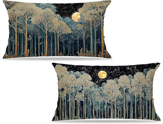 Rustic William Morris Night Forest Green Moon Decor Pillow Covers 12x20 Set of 2,Vintage Botanical Nature Landscape Decorative Throw Pillow Covers for Home Bedroom Living Room