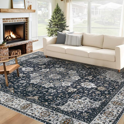 Area Rug 6x9 Washable Rug, Vintage Boho Medallion Rugs Non-Slip Soft Low Pile Large Distressed Rug Indoor Retro Carpet for Living Room Bedroom Dining Room Home Office (Vintage Black, 6'x9')