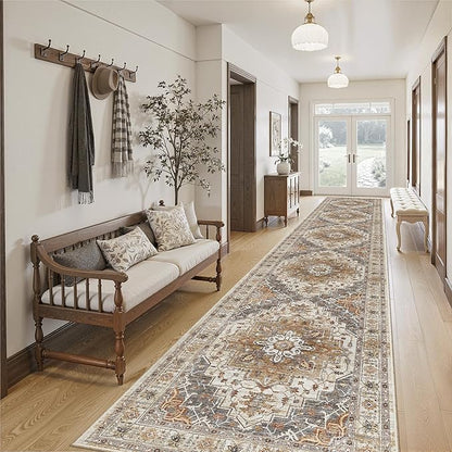Madane Hallway Runner Rug 2'6''x14', Non Slip Vintage Runners for Hallways Washable Kitchen Rugs Soft Low Pile 2.5x14 ft Rug Runner for Laundry Room, Entryway and Bedroom, Turmeric/Grey