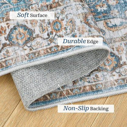 Madane Runner Rug 2'6''x8' Kitchen Runner, Hallway Runner Printed Vintage Washable Rugs Soft Non-Slip Low Pile Runners for Hallways Laundry Room Distressed Floor Carpet, Navy
