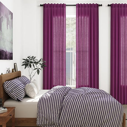 Nanspring Grape Purple Linen Curtains 96 Inch Long 2 Panels Set for Bedroom Living Room Linen Textured Window Drapes Semi Sheer Light Filtering Rod Pocket Back Tab Modern Farmhouse Curtain 52x96