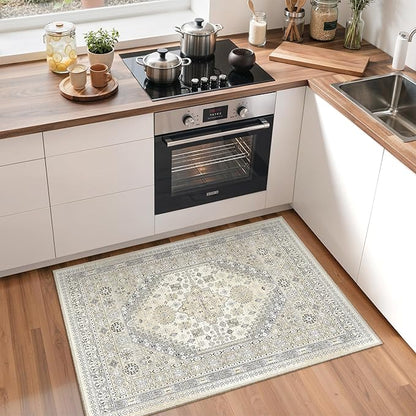zesthome 2x3 Entryway Rug, Soft Washable Rugs, Non Slip Area Rug, Stain Resistant Low Pile Rugs for Bedroom, Vintage Rug for Door Mat, Kitchen (Beige,2'x3')