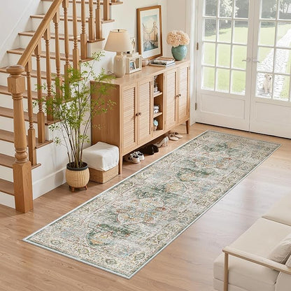 Madane Washable Runner Rug - 2x6 Rug Runners for Hallways 6 Feet Non Slip Vintage Kitchen Runner Rug Ultra-Thin Bathroom Runner Rugs Carpet Laundry Room Bedroom (2x6ft, Green)