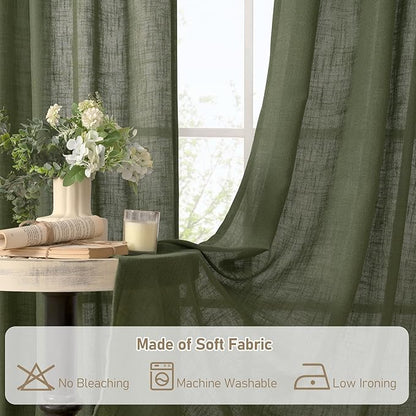 LAMIT 48 Inch Short Window Linen Curtains, Light Filtering Panels Back Tab and Rod Pocket Neutral Christmas Drapes for Cafe/Bathroom/Loft Room, Olive Green, 2 Panels, 34 x 48 Inch