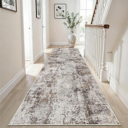 3x12 Washable Hallway Runner Rug: Non Slip Carpet Runners Easy-to-Clean - Soft Living Room Bedroom Kitchen Rugs - Thin Low Pile Printed Floor Mat for Dining Room Neutral Beige Brown