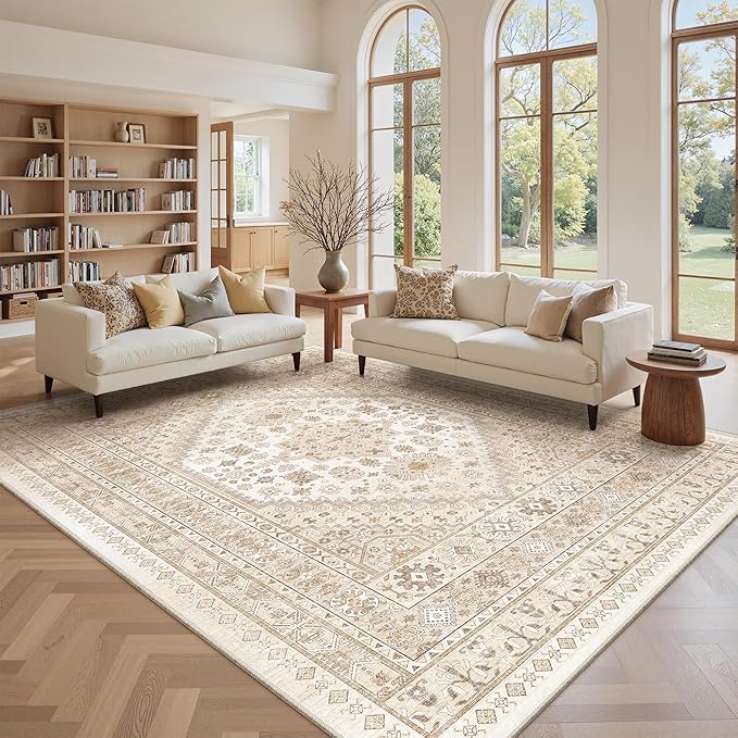 zesthome 9x12 Area Rugs,Stain Resistant Washable Rug,Ultra-Thin Rugs for Living Room,Bedroom,Non-Slip Backing Home Decor Large Area Rug (Cream/Beige,9'x12')