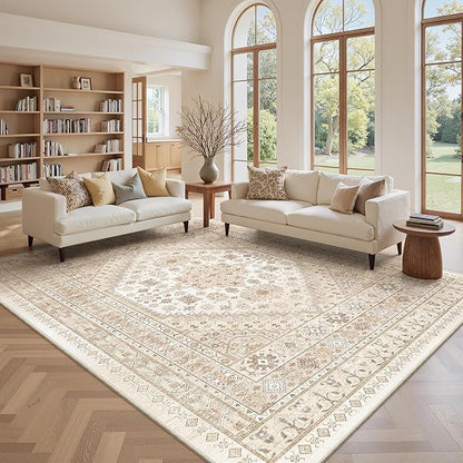 zesthome 9x12 Area Rugs,Stain Resistant Washable Rug,Ultra-Thin Rugs for Living Room,Bedroom,Non-Slip Backing Home Decor Large Area Rug (Cream/Beige,9'x12')
