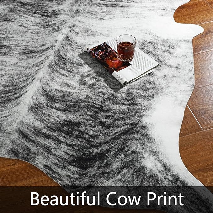 AROGAN Western Decor Faux Fur Cowhide Rug, 4 x 3 Feet Premium Animal Skin Cow Hide Rug, Sturdy Cow Print Rugs for Wall Decor, Western Floor Carpet for Bedroom Living Room, Black and Grey