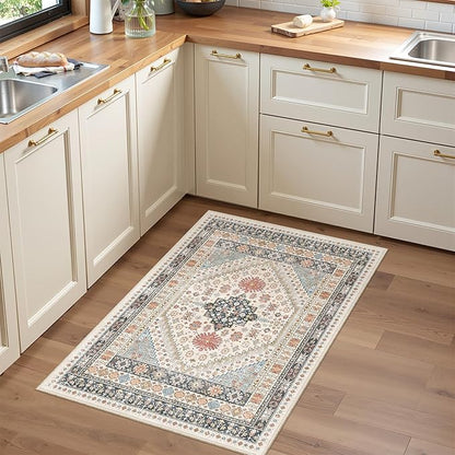 Entryway Rug - 2x3 Washable Rug Runner for Bathroom, Laundry Room, Kitchen, Soft Vintage Hallway Runner for Bedroom, Non-Slip Door Mat Indoor Entrance(Blue/Red/Multi,2'x3')